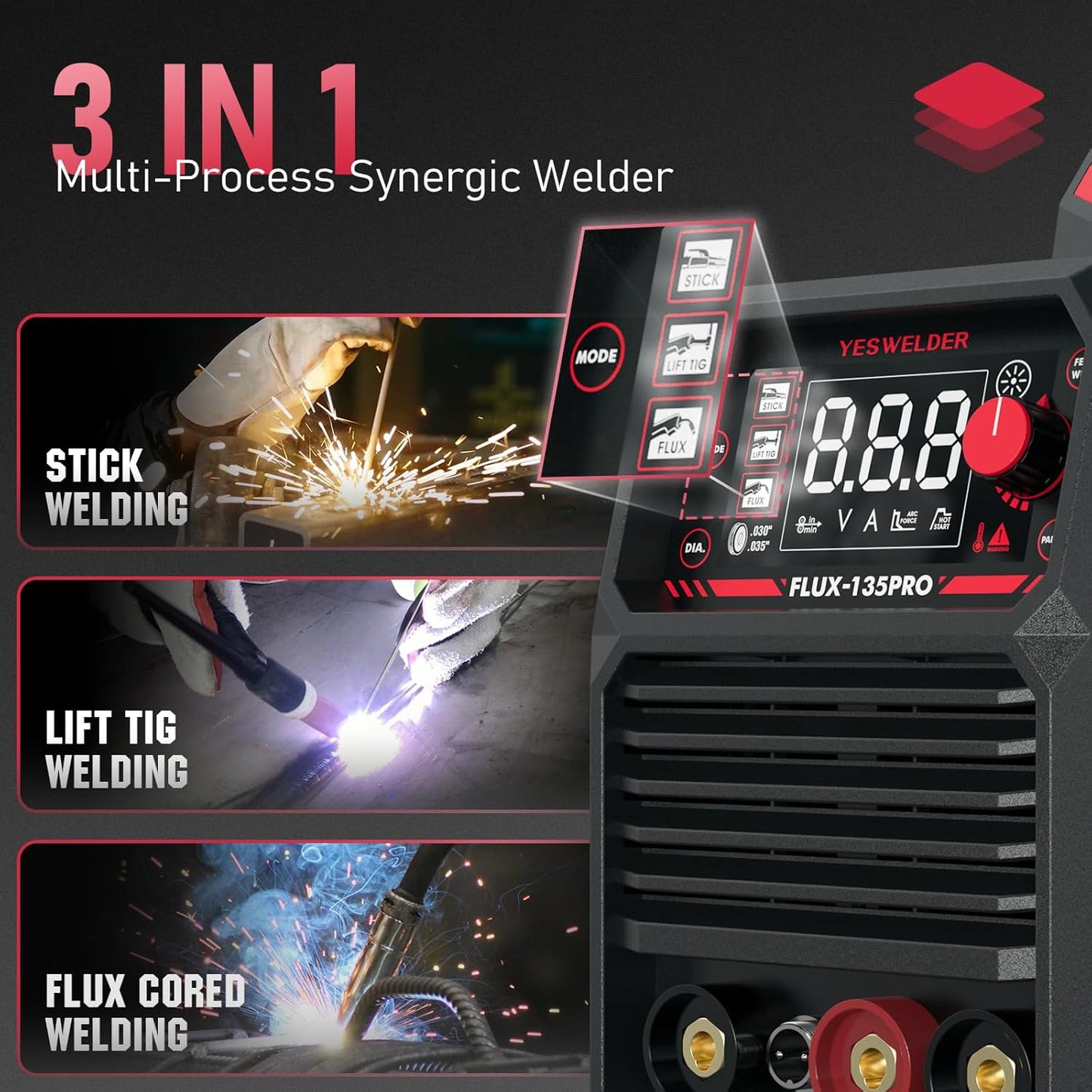 💥Only $49.99 Last Day Promotion!-Stick 3-in-1 Large LED Digital Display Welding Machine IGBT Inverter Welder FLUX-135PRO