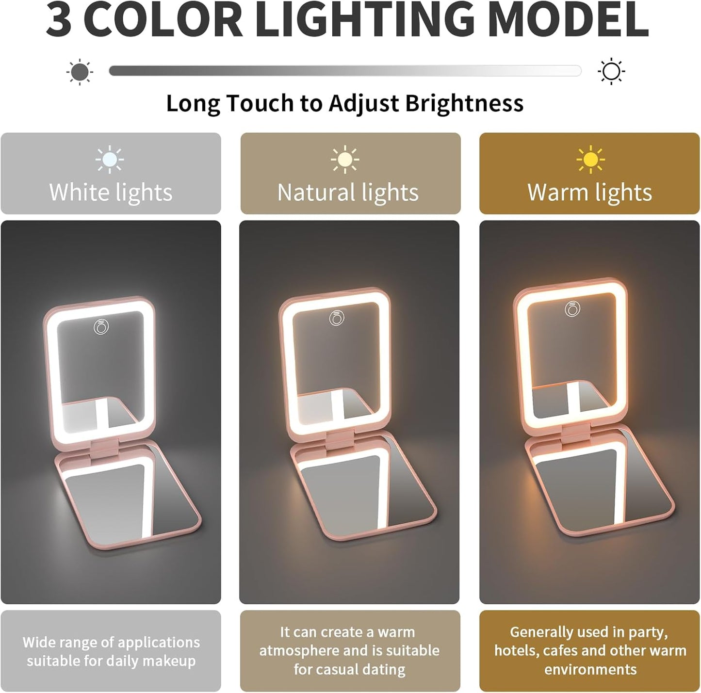 Portable LED Lighted Compact Mirror – Rechargeable Folding Makeup Mirror with Adjustable Brightness – Pink Pocket Mirror for Travel, Touch-Up, and Gift