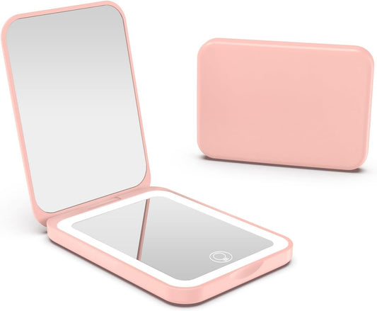 Portable LED Lighted Compact Mirror – Rechargeable Folding Makeup Mirror with Adjustable Brightness – Pink Pocket Mirror for Travel, Touch-Up, and Gift