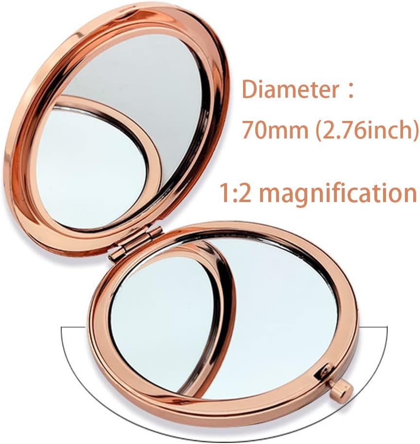 Portable Rose Gold Compact Mirror – 2.76" Round Folding Pocket Mirror with 1X HD & 2X Magnification – Dual-Sided Travel Makeup Mirror