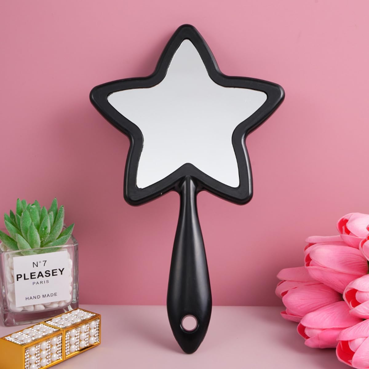 Star-Shaped Handheld Mirror – Black Cosmetic Mirror with Handle (Creative Design)