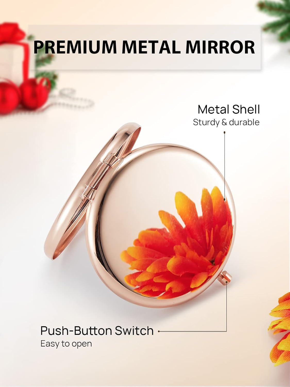 Portable Round Folding Makeup Mirror – Double-Sided Compact Pocket Mirror with Magnification – Rose Gold Finish