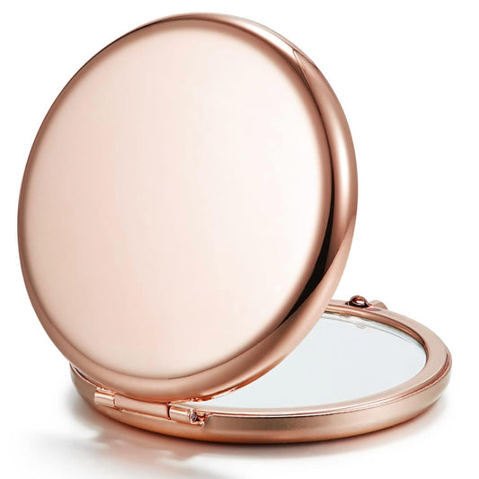 Portable Round Folding Makeup Mirror – Double-Sided Compact Pocket Mirror with Magnification – Rose Gold Finish