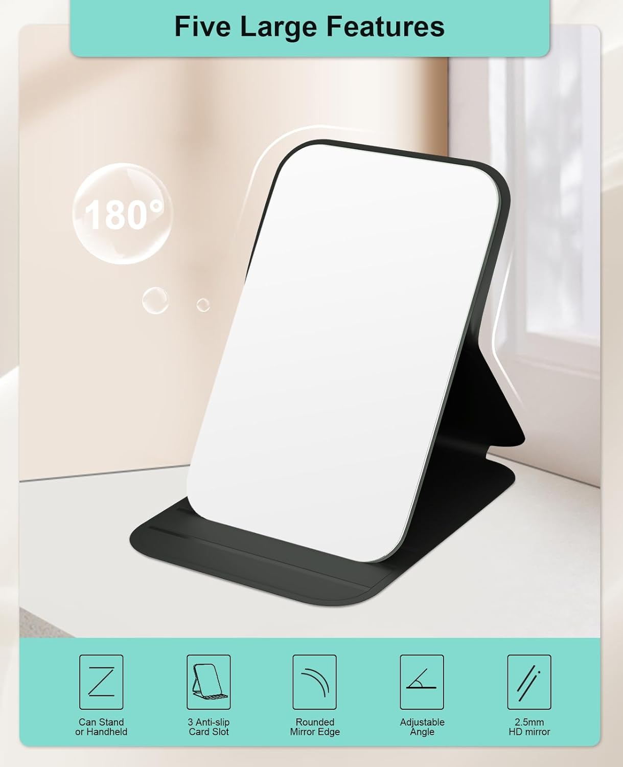 Portable Folding Makeup Mirror – Ultra Thin Pocket Travel Mirror – Dual-Sided Compact Square Mirror – Black Handheld Mirror for Women