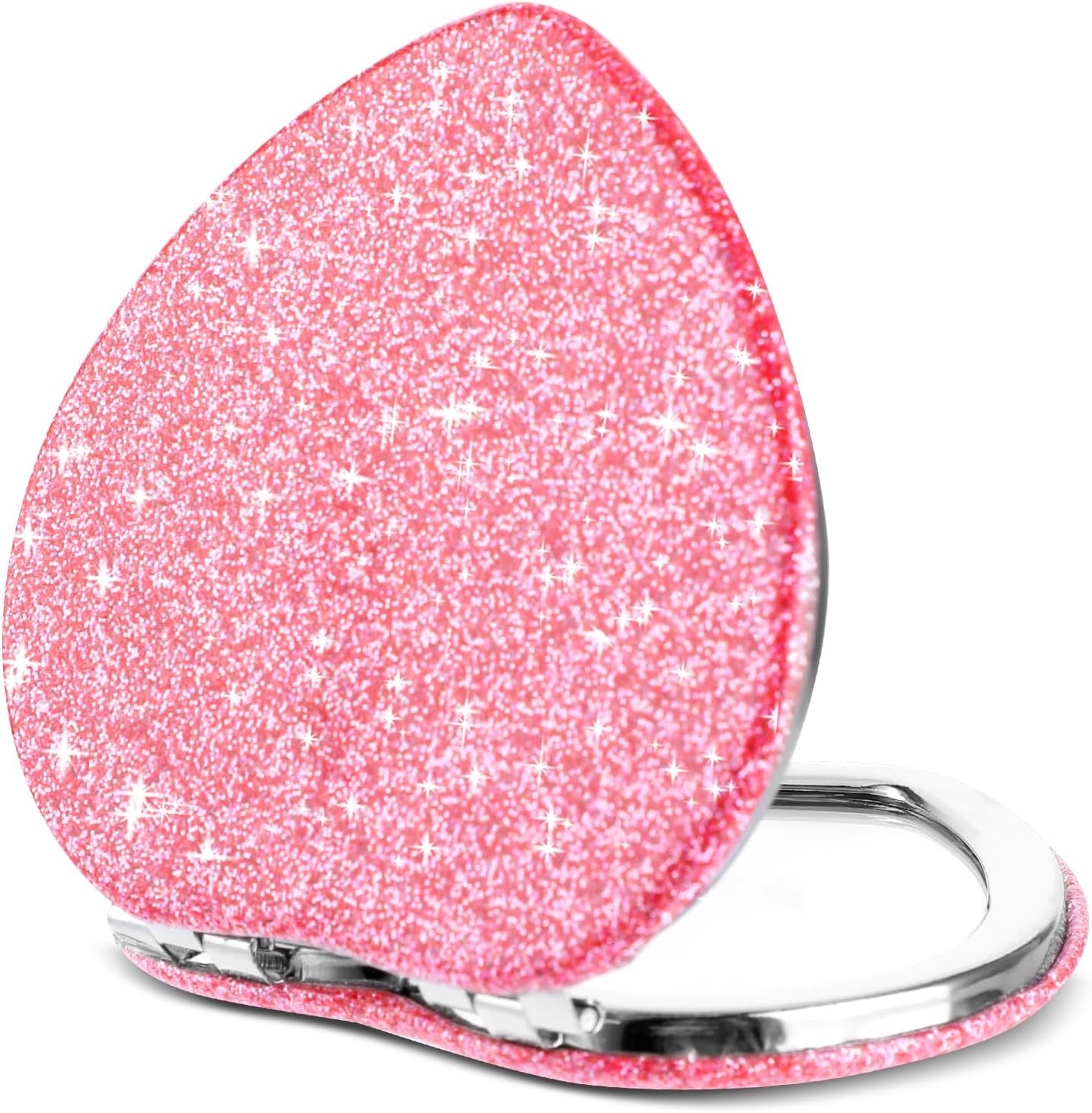 Glitter Heart-Shaped Compact Mirror – Dual-Sided Folding Pocket Makeup Mirror with 2X Magnification – Cute & Portable for Girls, Travel, and Gift Giving