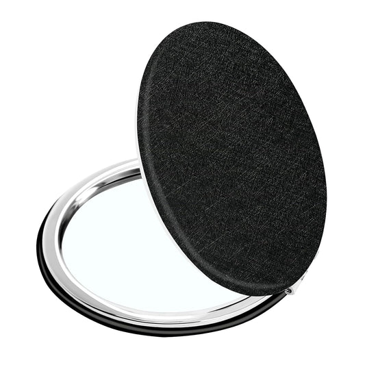 Compact Black Round Folding Mirror – Dual-Sided Makeup Pocket Mirror with Magnification – Lightweight Travel Mirror