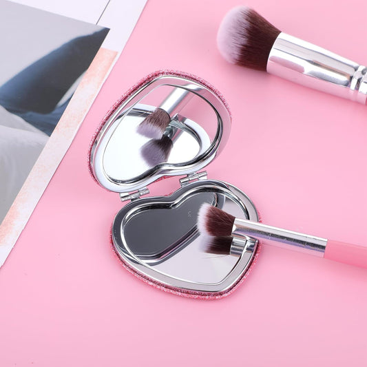 Glitter Heart-Shaped Compact Mirror – Dual-Sided Folding Pocket Makeup Mirror with 2X Magnification – Cute & Portable for Girls, Travel, and Gift Giving