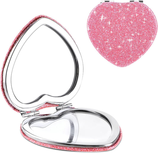 Glitter Heart-Shaped Compact Mirror – Dual-Sided Folding Pocket Makeup Mirror with 2X Magnification – Cute & Portable for Girls, Travel, and Gift Giving