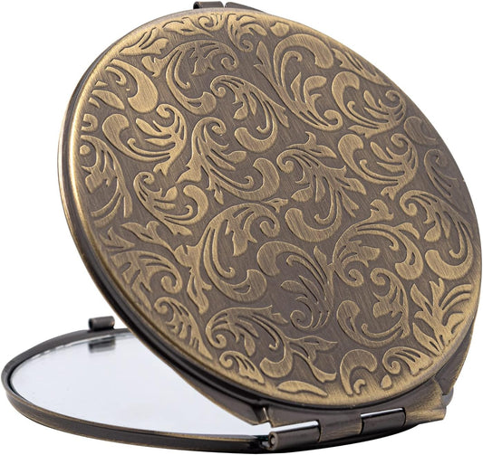 Vintage Embossed Compact Folding Mirror – 1X/2X Dual Magnification Pocket Mirror – Ultra Slim Makeup Mirror for Purse or Travel – Antique Bronze Design