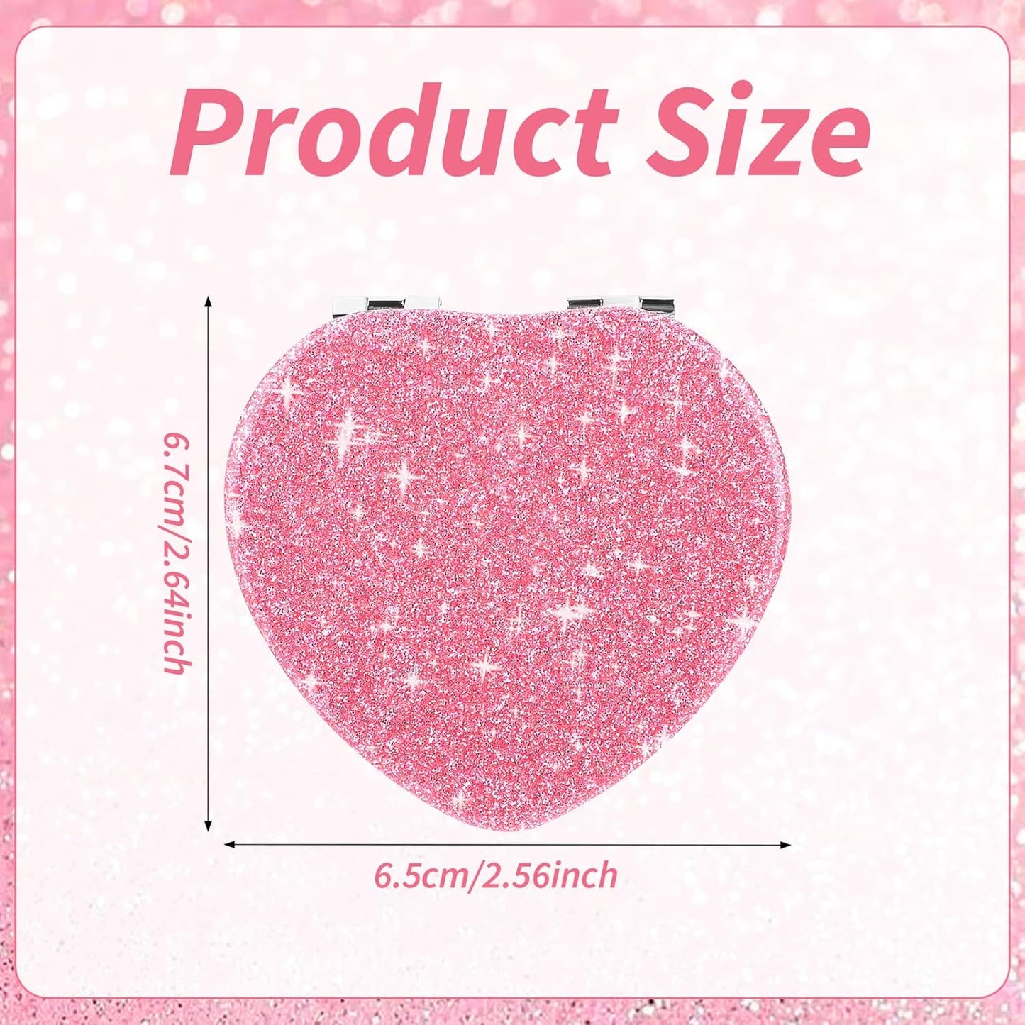 Glitter Heart-Shaped Compact Mirror – Dual-Sided Folding Pocket Makeup Mirror with 2X Magnification – Cute & Portable for Girls, Travel, and Gift Giving