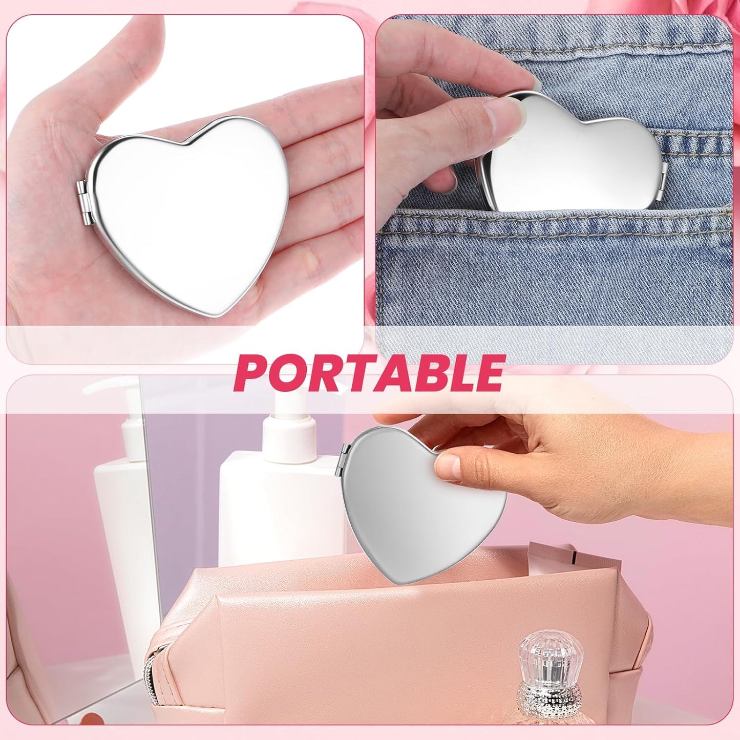 Heart-Shaped Compact Mirror – Double-Sided Folding Pocket Mirror (Metal Finish)